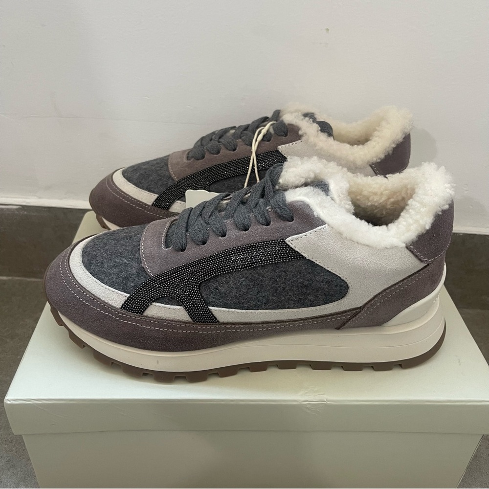 Brunello Cucinelli Monili Embellished Paneled Lace-up Sneakers
